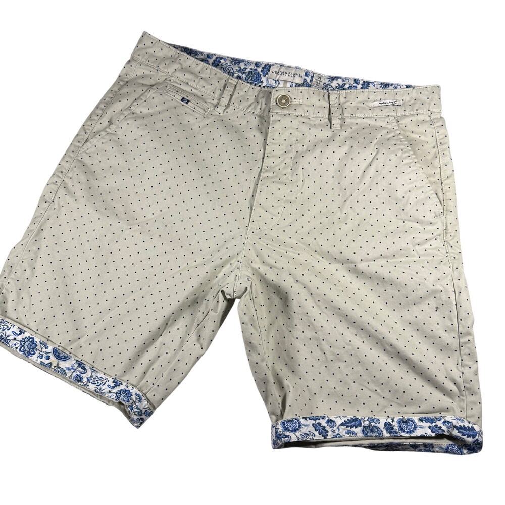 denim and flower Ricky Singh tan with blue polka dots waist size 34